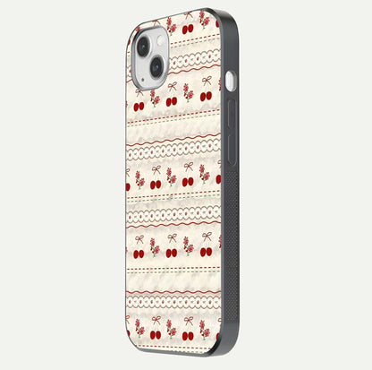 Cherry Bloom Charm Glass Case for iPhone 14 Plus side-angle photo showing flower detail and edge light