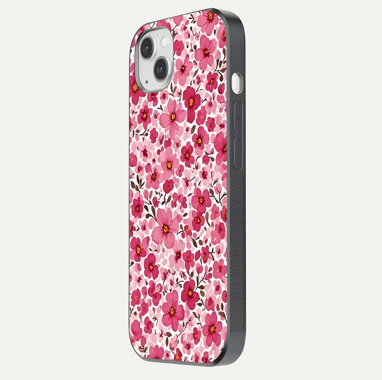 Cherry Blossom Charm Glass Case for iPhone 14 Plus side-angle image showing reflection gloss and soft texture