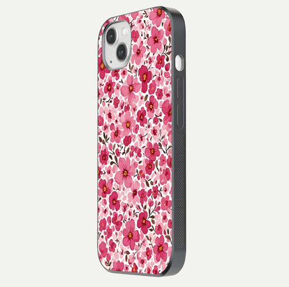 Cherry Blossom Charm Glass Case for iPhone 14 Plus side-angle image showing reflection gloss and soft texture