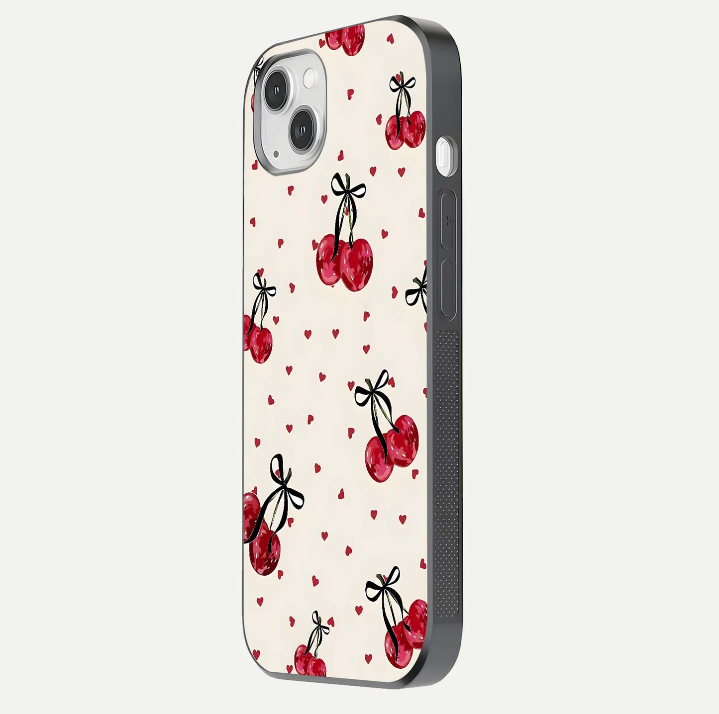 Cherry Heart Bow Glass Case for iPhone 14 Plus side-angle image capturing gloss texture and charm bow art