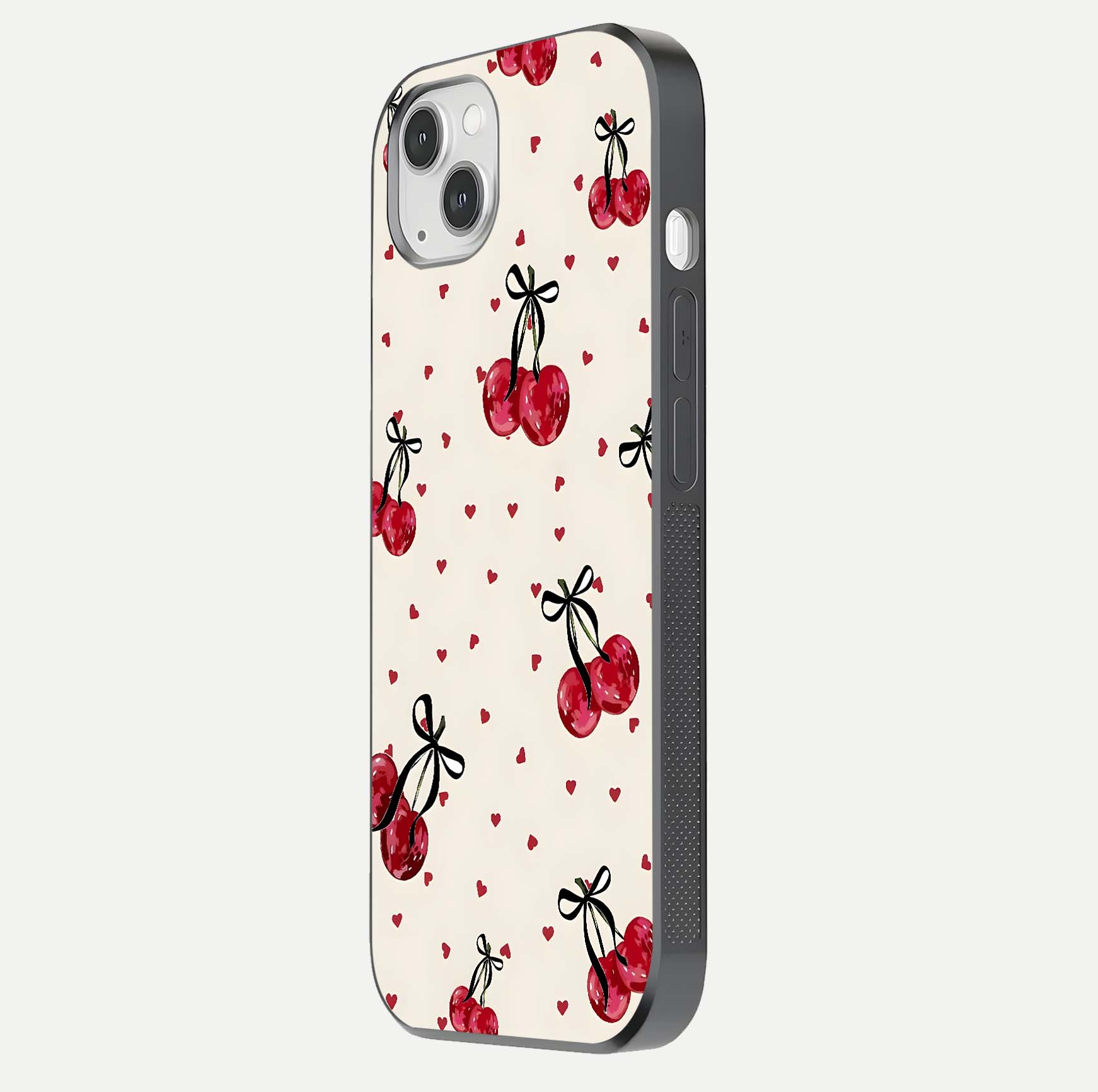 Cherry Heart Bow Glass Case for iPhone 14 Plus side-angle image capturing gloss texture and charm bow art