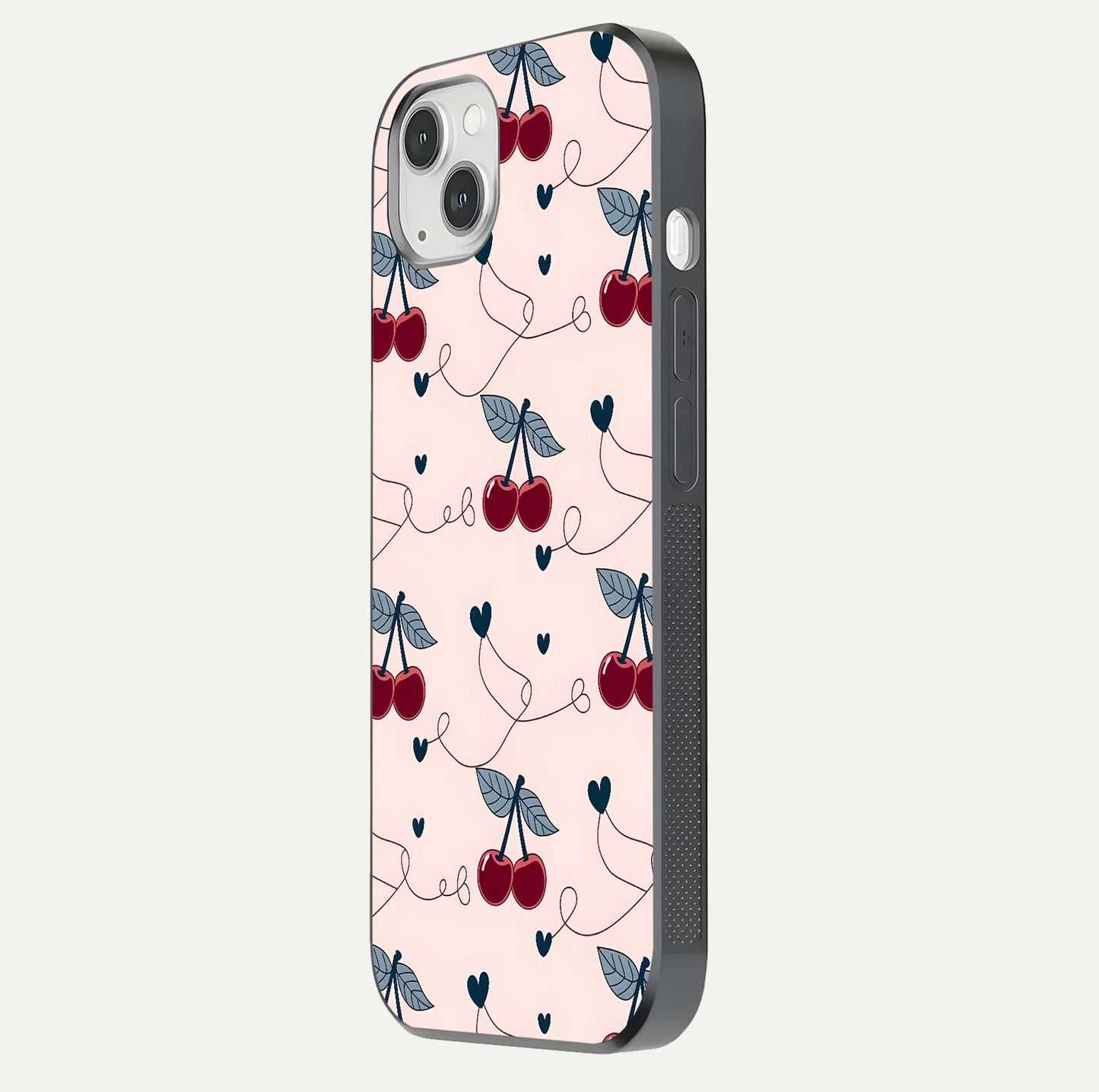 Cherry Heart Line Glass Case for iPhone 14 Plus side-angle view capturing smooth curves and shine effect