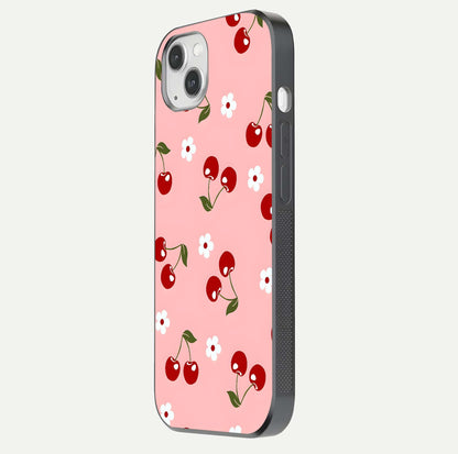 Cherry Love Mood Glass Case for iPhone 14 Plus side-angle image capturing smooth gloss and delicate details