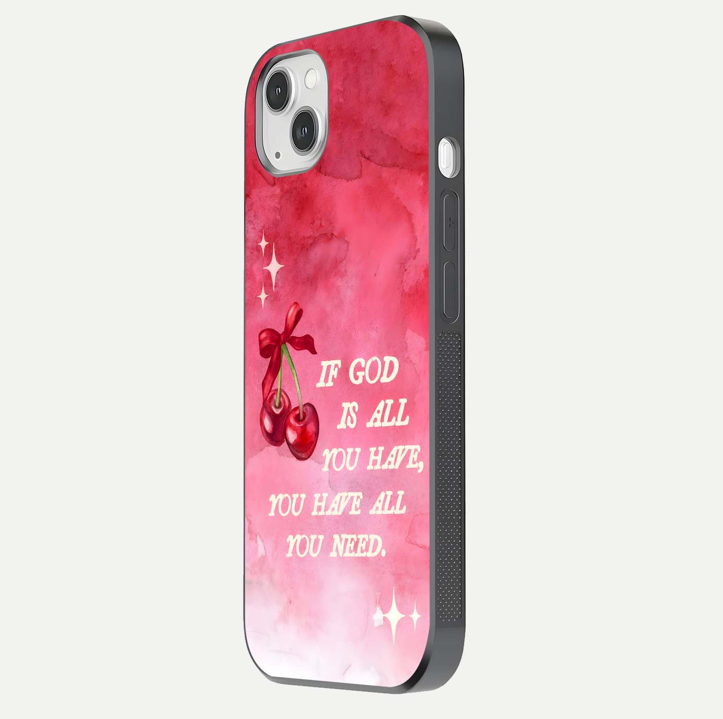 Cherry Quote Glass Case for iPhone 14 Plus side-angle image showing curve glow and glass detail