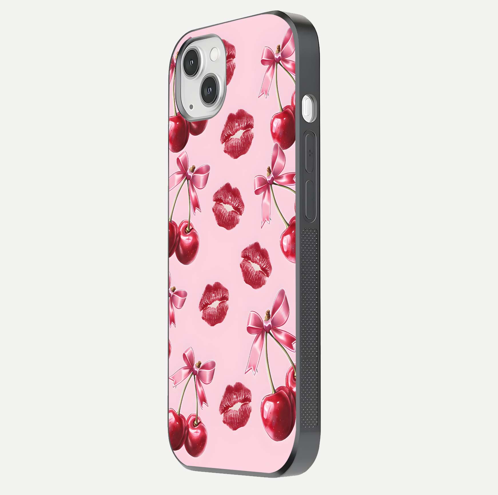 Cherry With Lips Glass Case for iPhone 14 Plus side-angle image showing gloss reflection and fine details