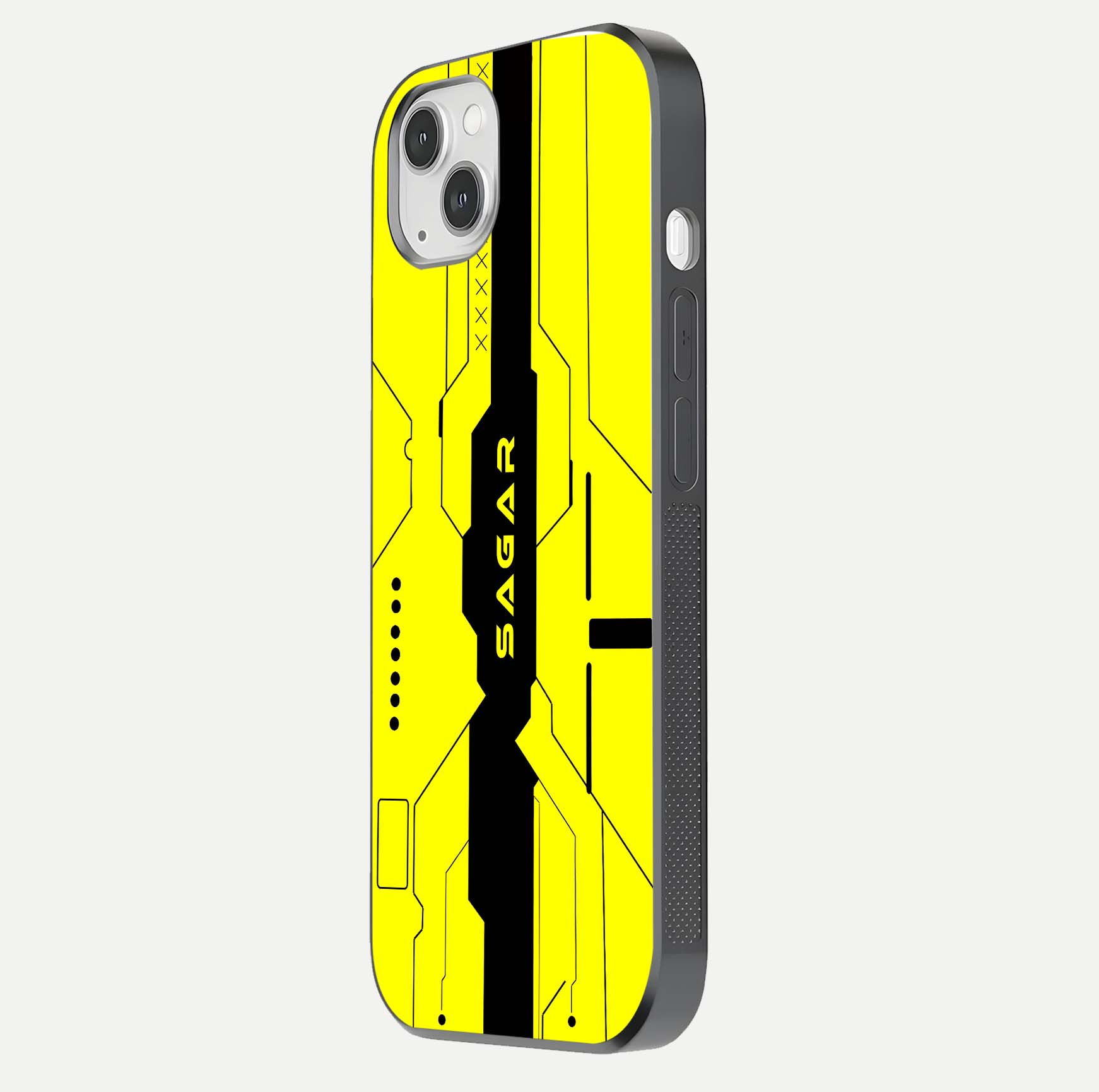 Circuit CYBERPUNK Custom Name Glass Case for iPhone 14 Plus side-angle image showing reflective finish and design precision