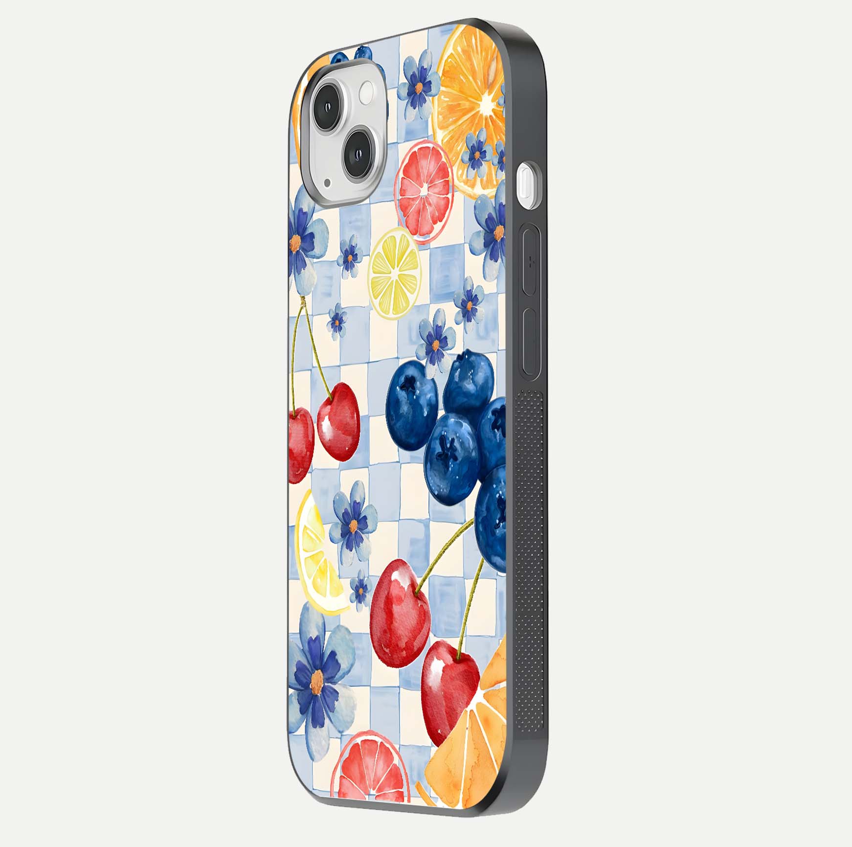 Citrus Bloom Joy Glass Case for iPhone 14 Plus side-angle photo capturing bright color and glass reflection