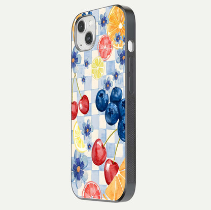 Citrus Bloom Joy Glass Case for iPhone 14 Plus side-angle photo capturing bright color and glass reflection