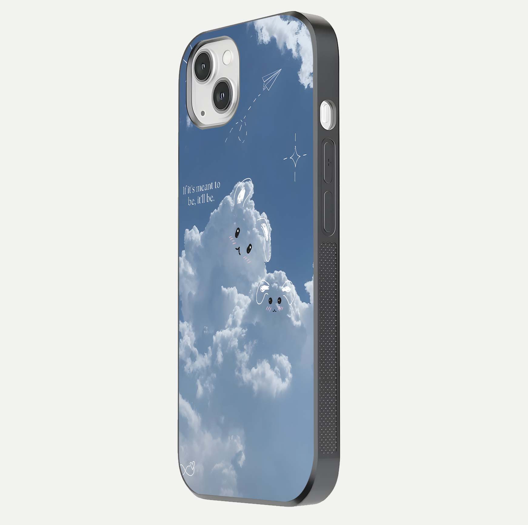 Cloud Bunny Dreams Glass Case for iPhone 14 Plus side-angle image capturing gloss texture and edge glow