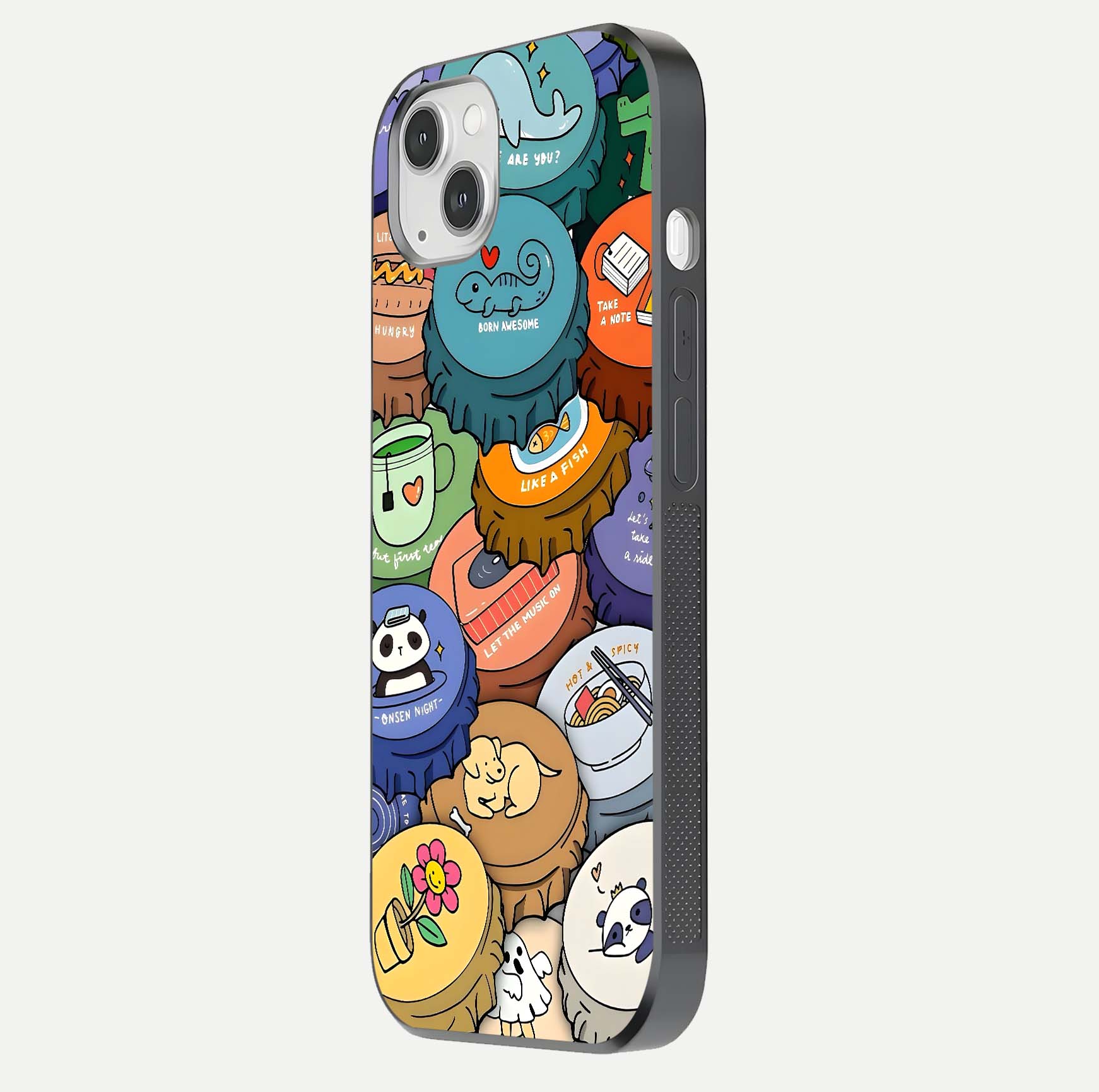 Coins Patterns Glass Case for iPhone 14 Plus side-angle photo capturing shine finish and curve glow