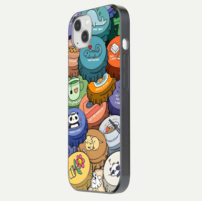 Coins Patterns Glass Case for iPhone 14 Plus side-angle photo capturing shine finish and curve glow