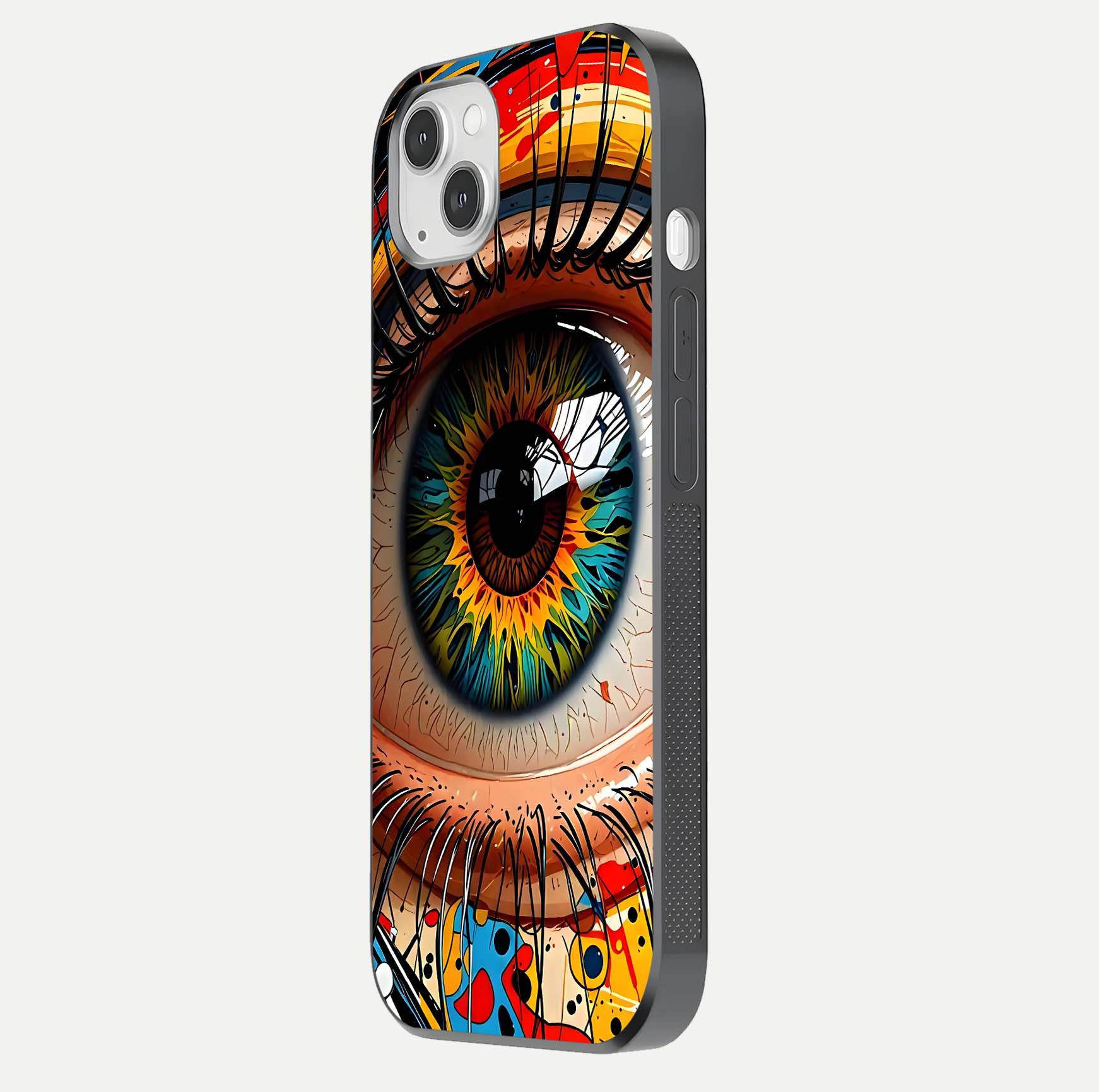 Colorful Eye Glass Case for iPhone 14 Plus side-angle photo showing reflective surface and design detail
