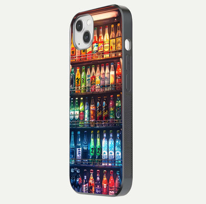 Colorful Soda Bottles Glass Case for iPhone 14 Plus side-angle photo showing polish shine and texture depth