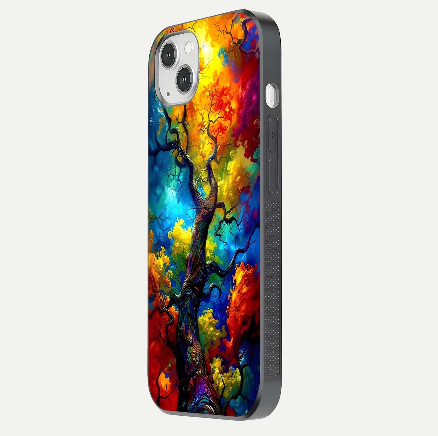 Colorful Tree Glass Case for iPhone 14 Plus side-angle image showing curve reflection and fine print texture