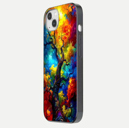 Colorful Tree Glass Case for iPhone 14 Plus side-angle image showing curve reflection and fine print texture