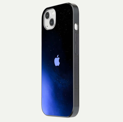 Cosmic Blue Apple Glass Case for iPhone 14 Plus side-angle image showing curve polish and star detail