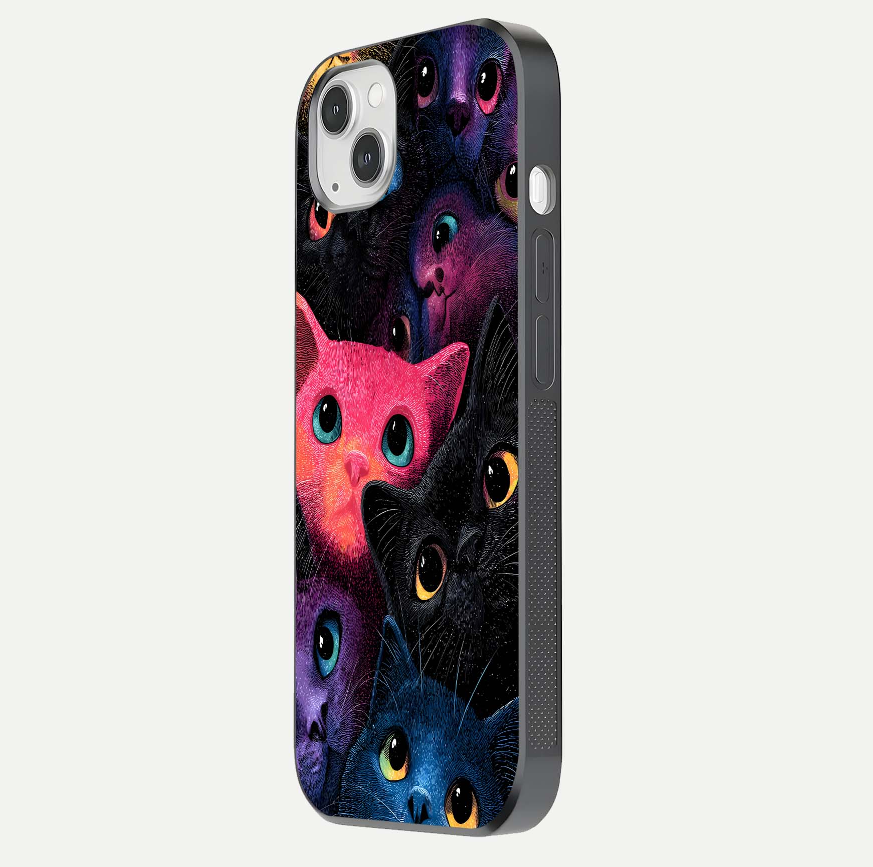 Cosmic Cats Dreams Glass Case for iPhone 14 Plus side-angle photo showing edge gloss and color depth