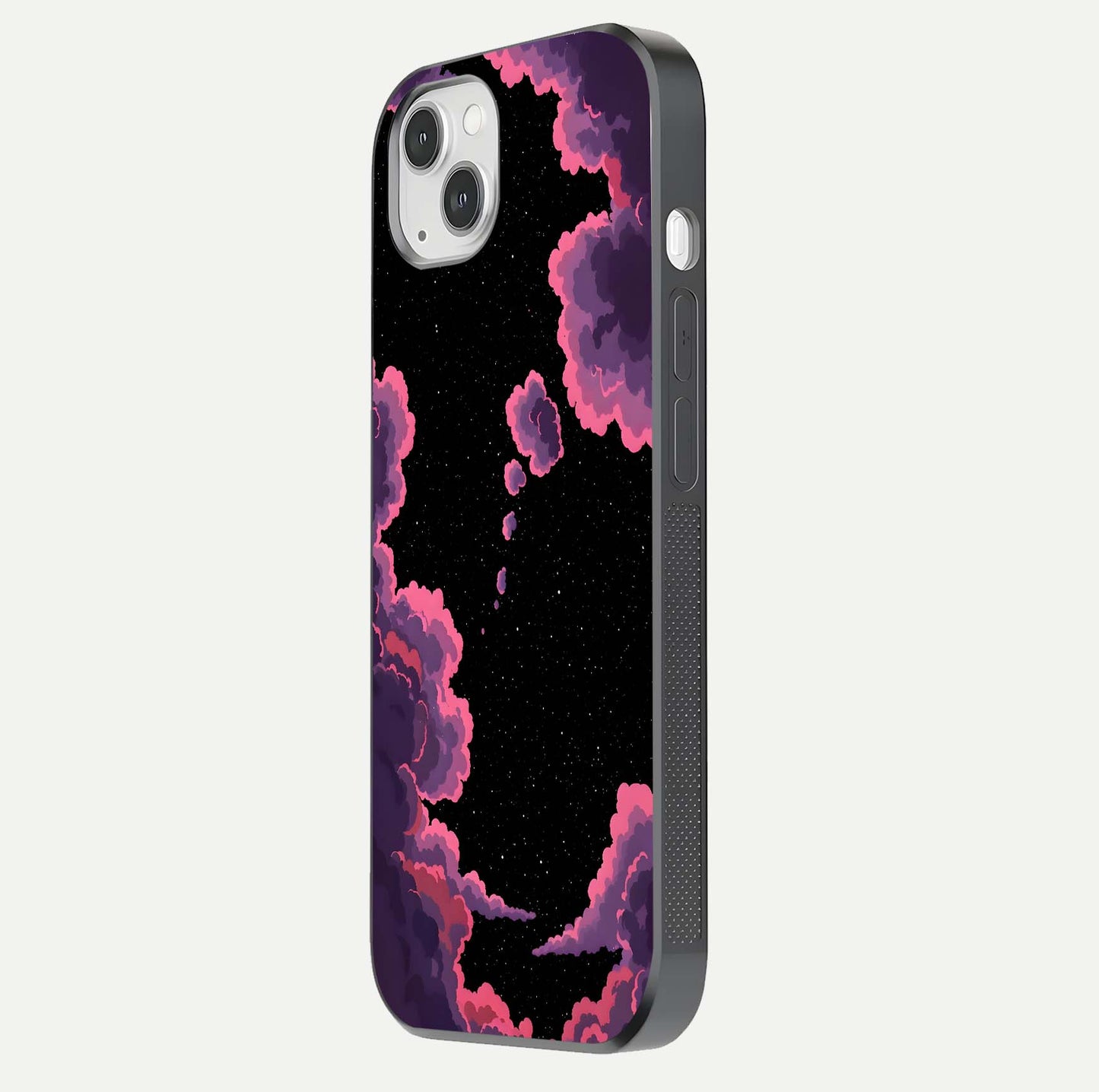 Cosmic Cloud Journey Glass Case for iPhone 14 Plus side-angle photo showing glass reflection and smooth tone