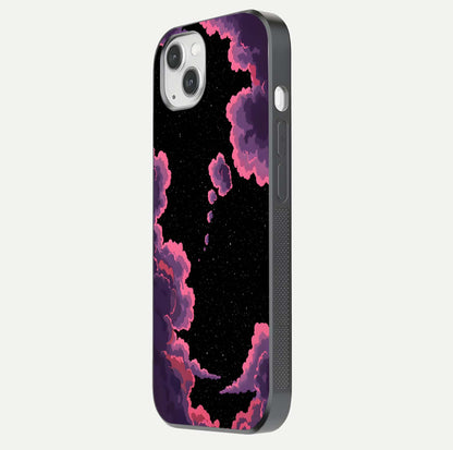 Cosmic Cloud Journey Glass Case for iPhone 14 Plus side-angle photo showing glass reflection and smooth tone
