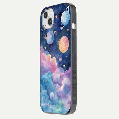 Cosmic Planet Dreams Glass Case for iPhone 14 Plus side-angle image showing texture clarity and shine
