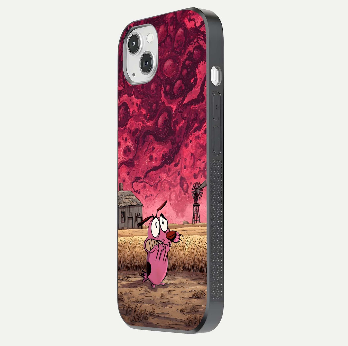 Courage Under Sky Glass Case for iPhone 14 Plus side-angle photo showing gloss tone and curve highlight