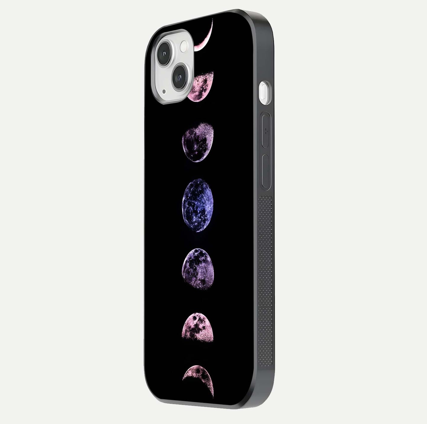 Crimson All Planets Glass Case for iPhone 14 Plus side-angle photo capturing edge glow and glass reflection