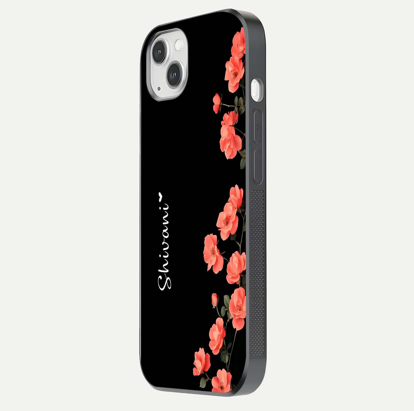 Crimson Bloom Grace Custom Name Glass Case for iPhone 14 Plus side-angle photo capturing edge glow and name clarity