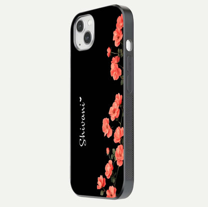 Crimson Bloom Grace Custom Name Glass Case for iPhone 14 Plus side-angle photo capturing edge glow and name clarity