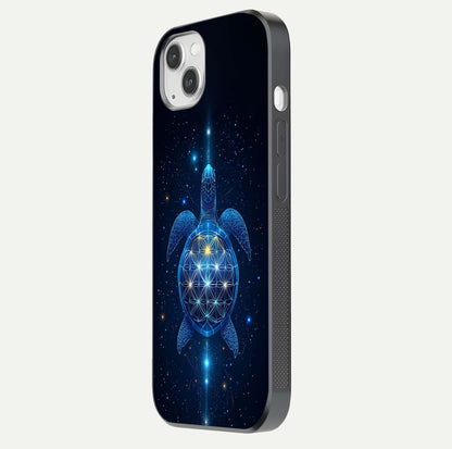 Crimson Blue Turtle Glass Case for iPhone 14 Plus side-angle photo showing curved edge and glass gloss