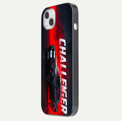 Crimson Challenger Fury Glass Case for iPhone 14 Plus side-angle image showing curve reflection and red finish
