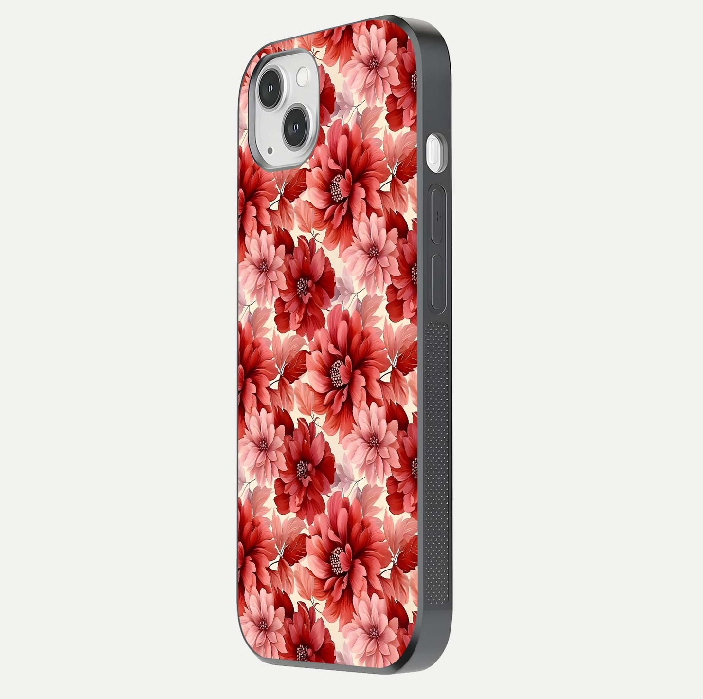 Crimson Love Petals Glass Case for iPhone 14 Plus side-angle photo showing reflection glow and edge clarity
