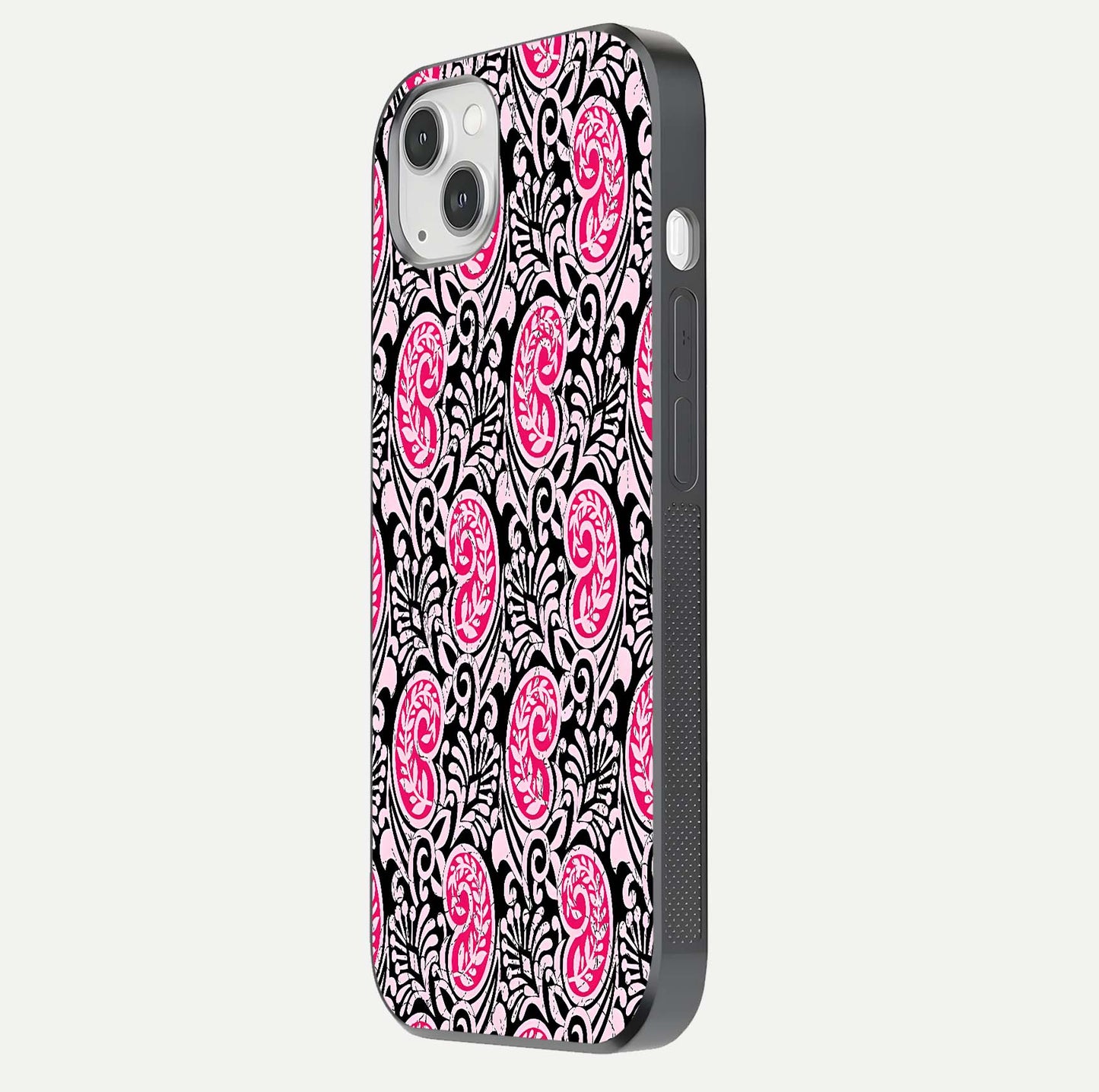 Crimson Paisley Charm Glass Case for iPhone 14 Plus side-angle image showing reflection and smooth edges
