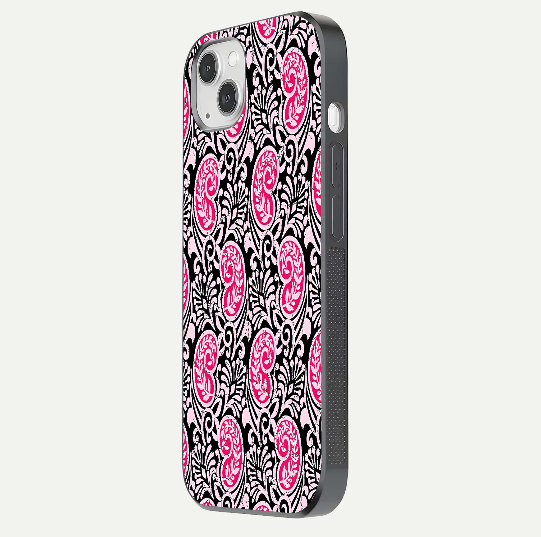 Crimson Paisley Charm Glass Case for iPhone 14 Plus side-angle image showing reflection and smooth edges