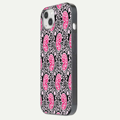 Crimson Paisley Charm Glass Case for iPhone 14 Plus side-angle image showing reflection and smooth edges