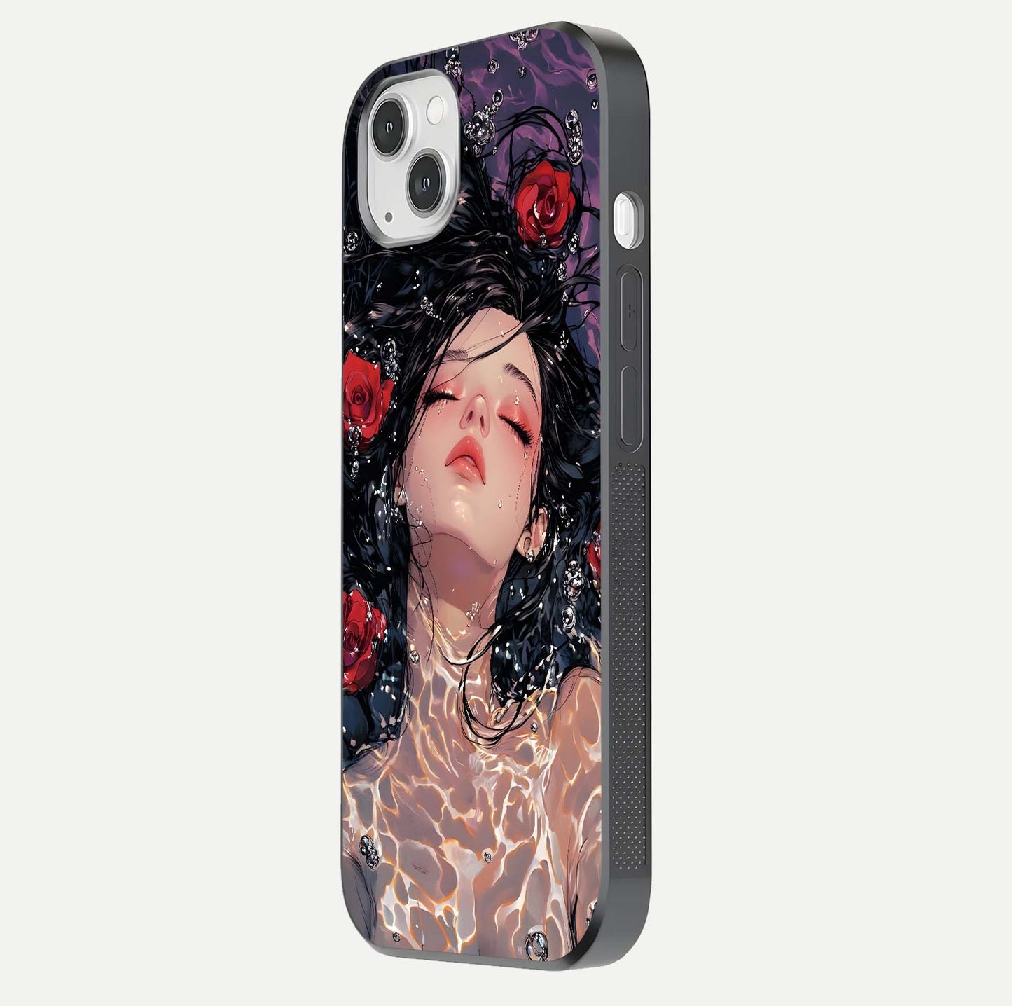 Crimson Rose Serenity Glass Case for iPhone 14 Plus side-angle photo showing glass reflection and soft edges