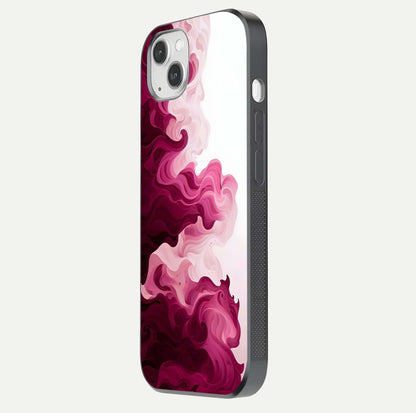 Crimson Wave Flow Glass Case for iPhone 14 Plus side-angle photo showing reflection glow and HD finish