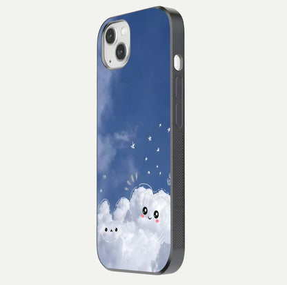 Cute Blossom Cloud Glass Case for iPhone 14 Plus side-angle image capturing gloss texture and curve reflection