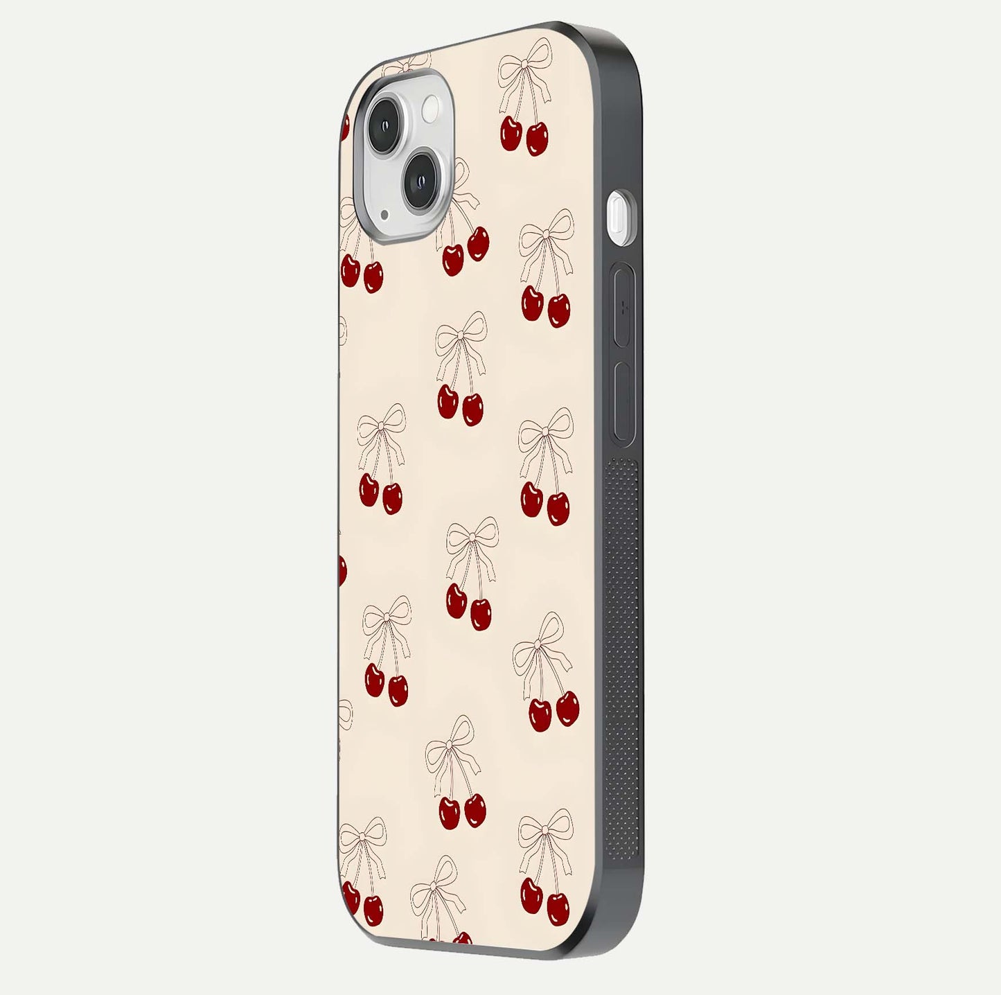 Cute Cherry Pattern Glass Case for iPhone 14 Plus side-angle photo highlighting gloss curve and pattern clarity