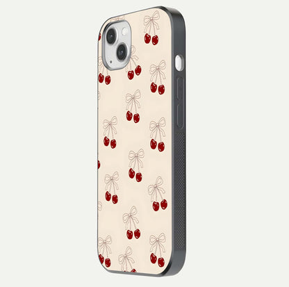 Cute Cherry Pattern Glass Case for iPhone 14 Plus side-angle photo highlighting gloss curve and pattern clarity