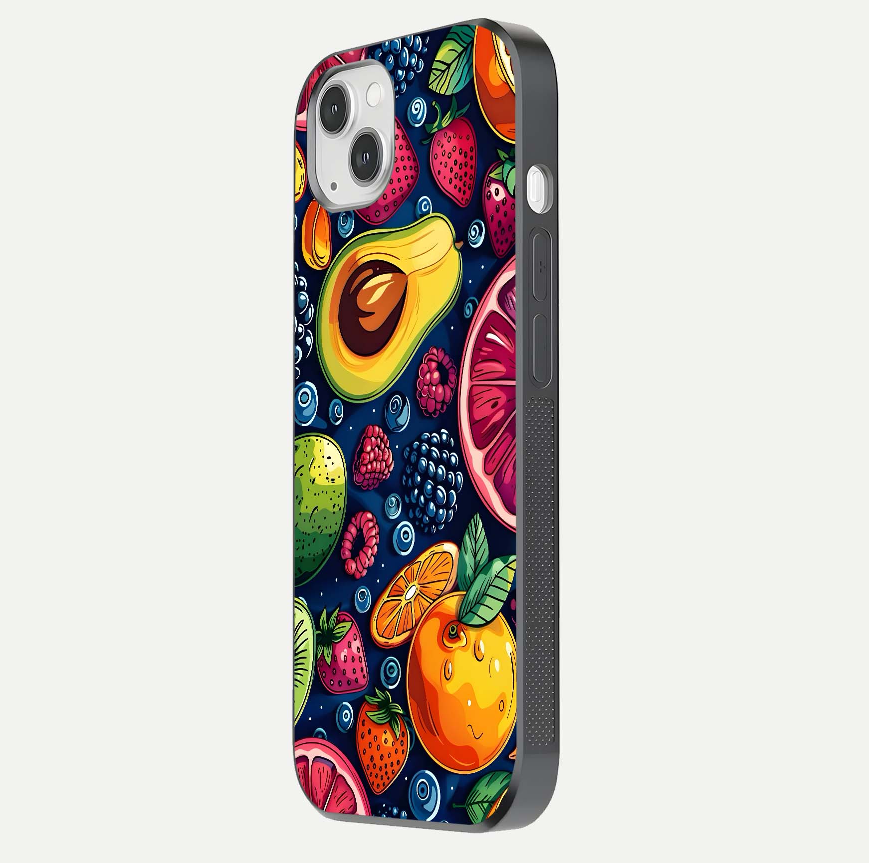 Cute Fruits Art Glass Case for iPhone 14 Plus side-angle photo showing reflective finish and smooth edges