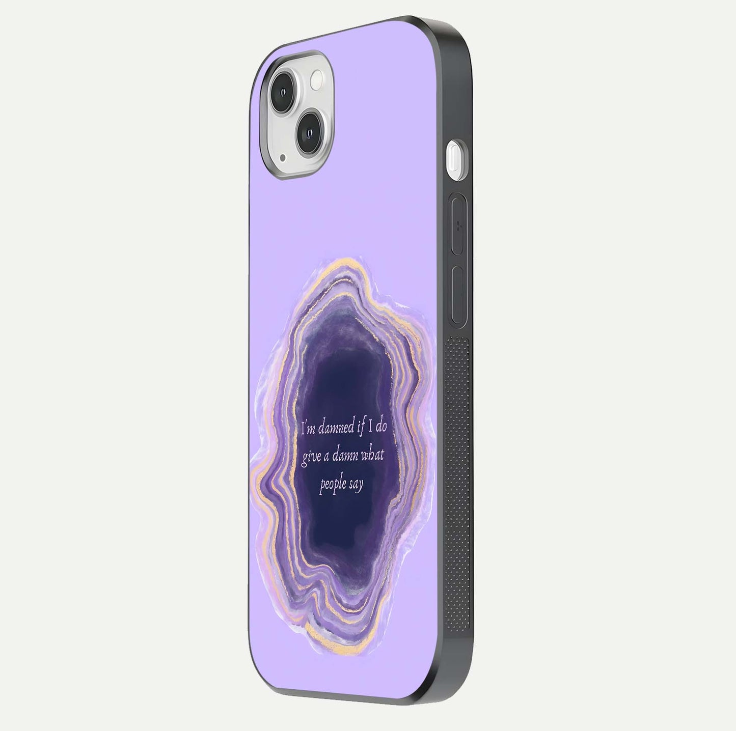 Damned People Quote Glass Case for iPhone 14 Plus side-angle image showing light shine and smooth edges