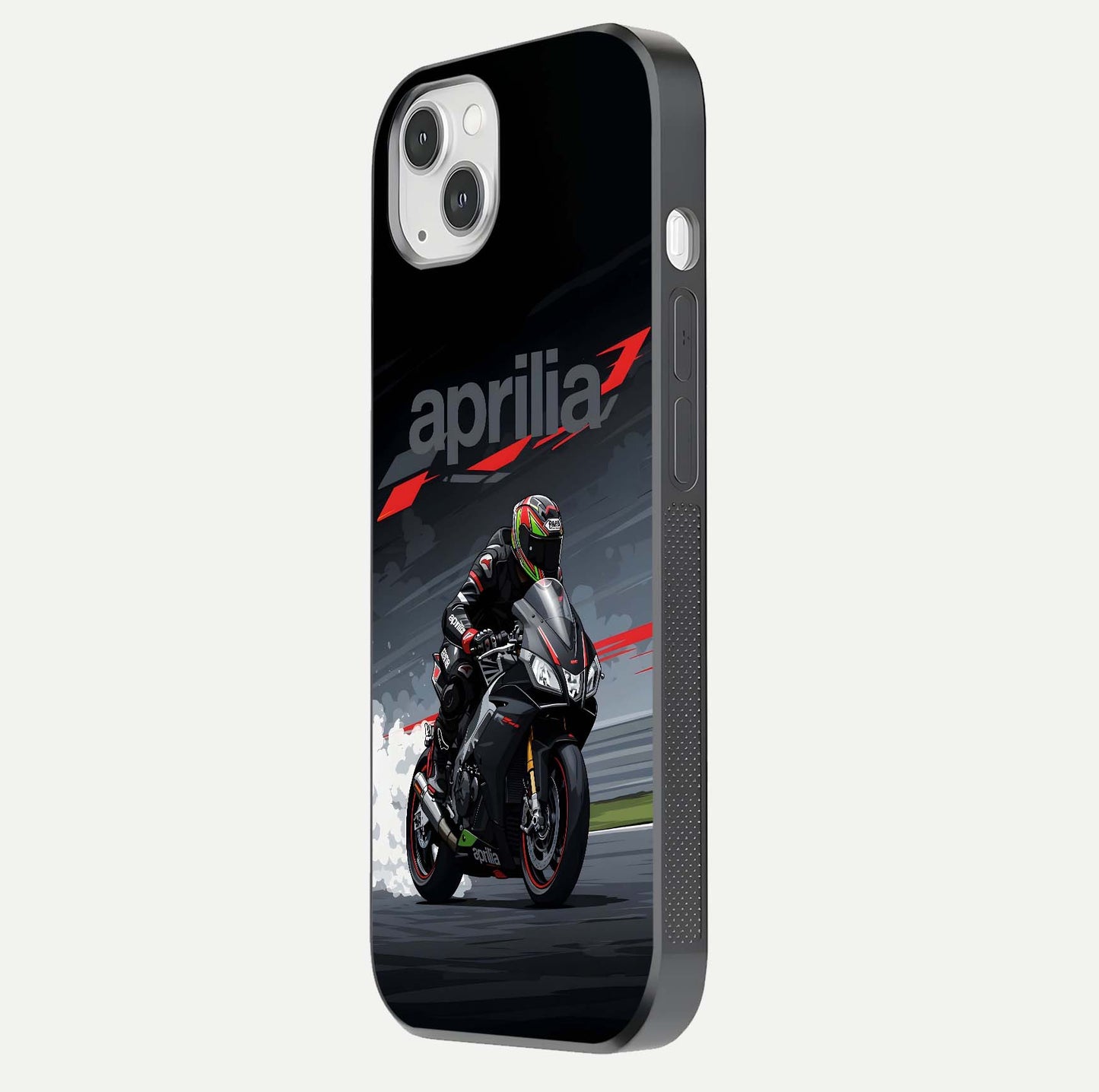 Dark Aprilla Glass Case for iPhone 14 Plus side-angle photo showing reflection gloss and curved edge finish