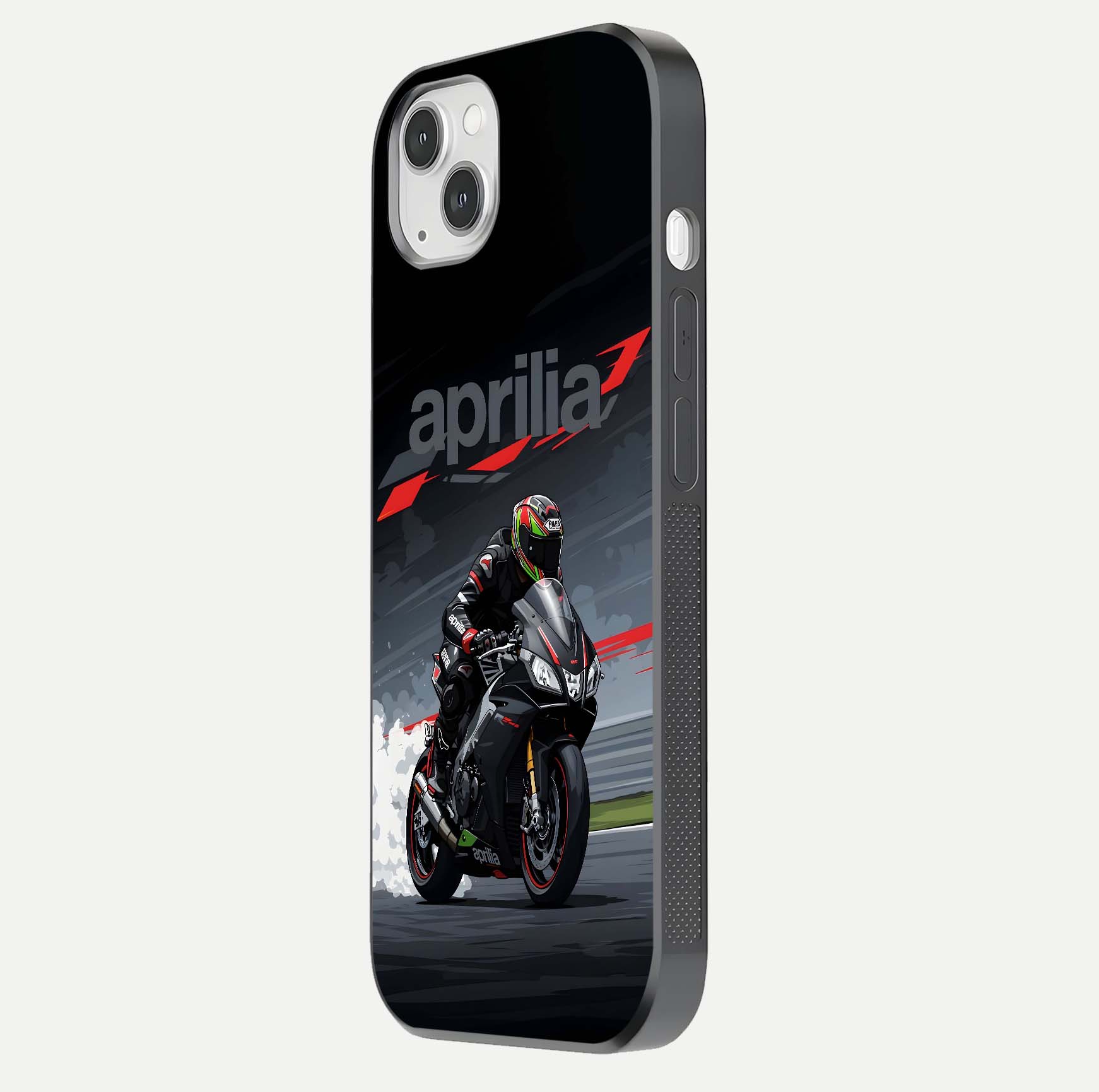 Dark Aprilla Glass Case for iPhone 14 Plus side-angle photo showing reflection gloss and curved edge finish