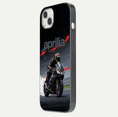 Dark Aprilla Glass Case for iPhone 14 Plus side-angle photo showing reflection gloss and curved edge finish