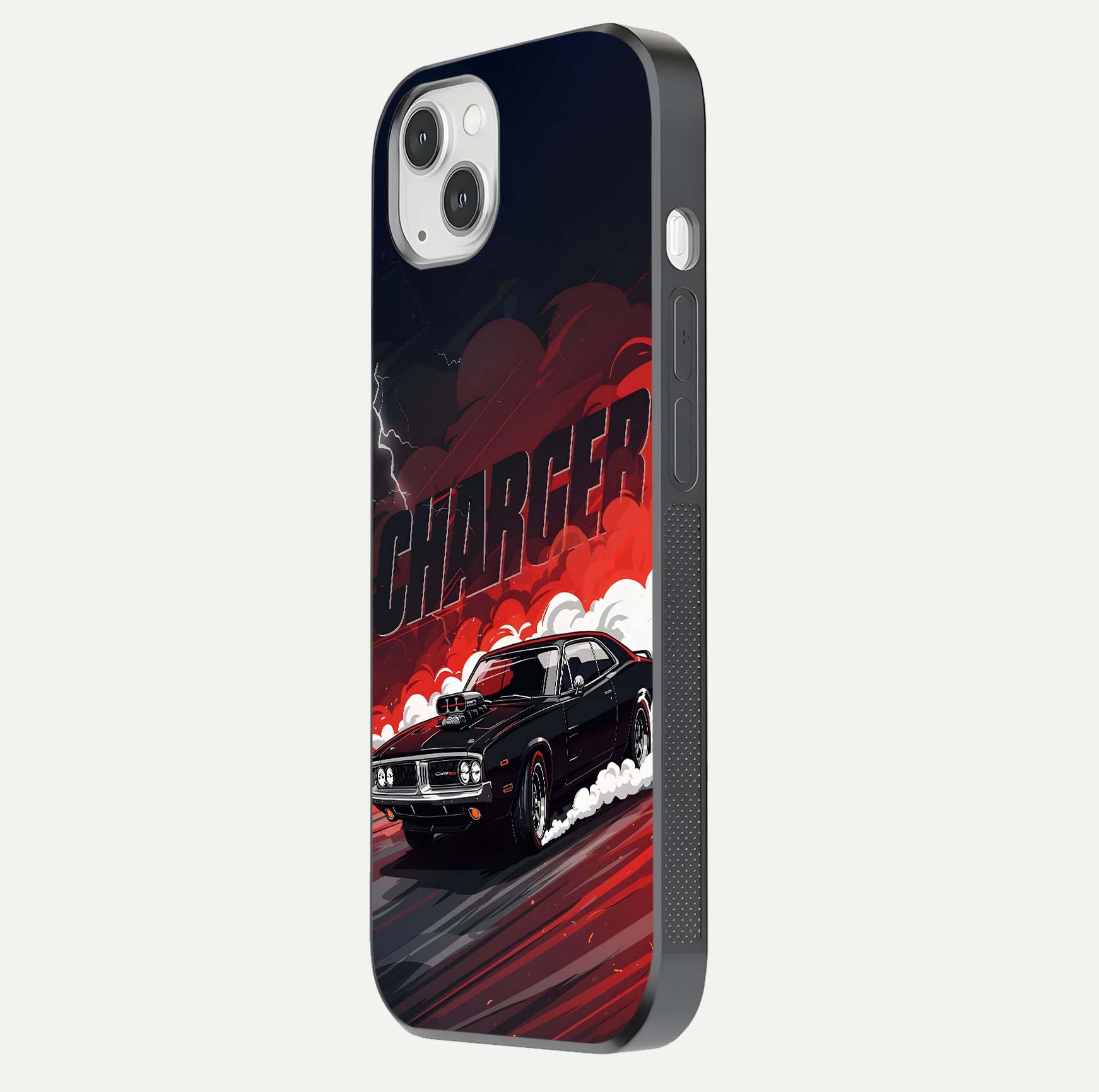 Dark Charger Fury Glass Case for iPhone 14 Plus side-angle image showing edge gloss and bold tone