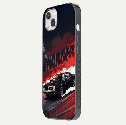 Dark Charger Fury Glass Case for iPhone 14 Plus side-angle image showing edge gloss and bold tone
