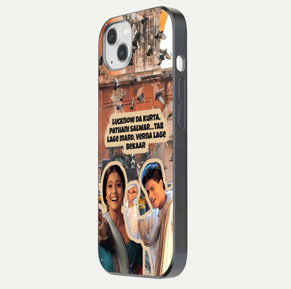 Desi Retro Vibes Glass Case for iPhone 14 Plus side-angle image displaying gloss texture and bold pattern