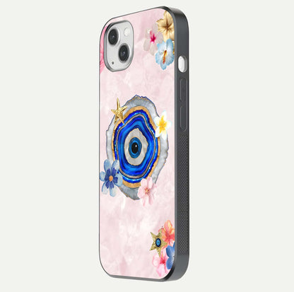 Divine Aura Bloom Glass Case for iPhone 14 Plus side-angle photo capturing reflection glow and premium polish
