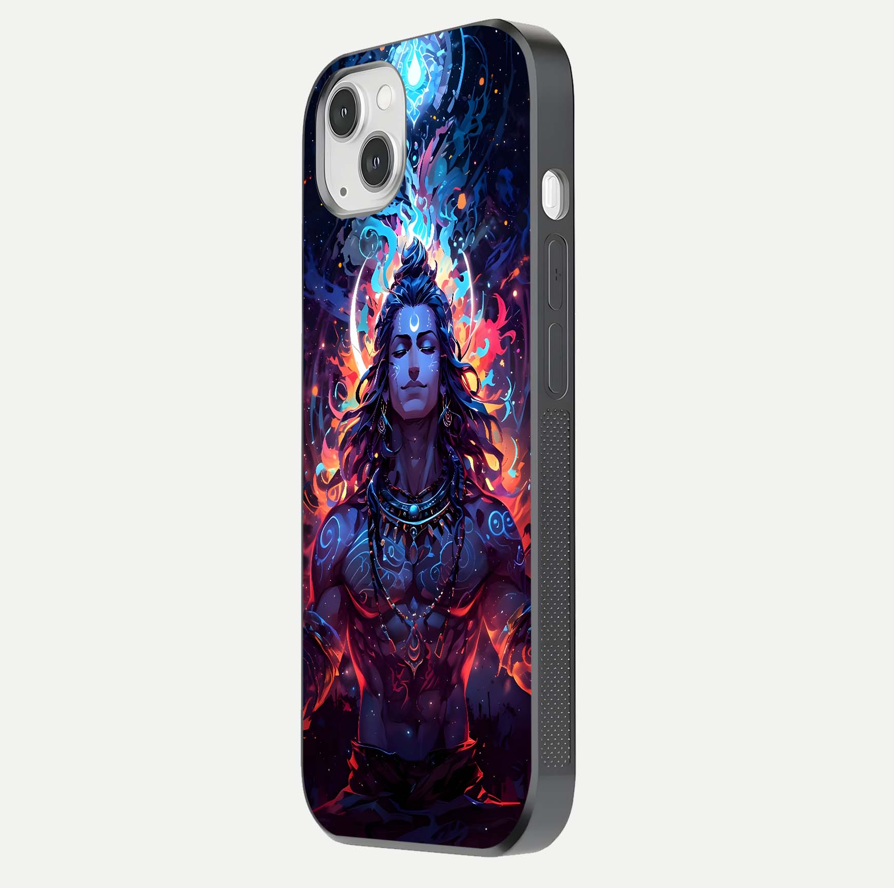Divine Fire Shiv Glass Case for iPhone 14 Plus side-angle image showing reflection clarity and shine