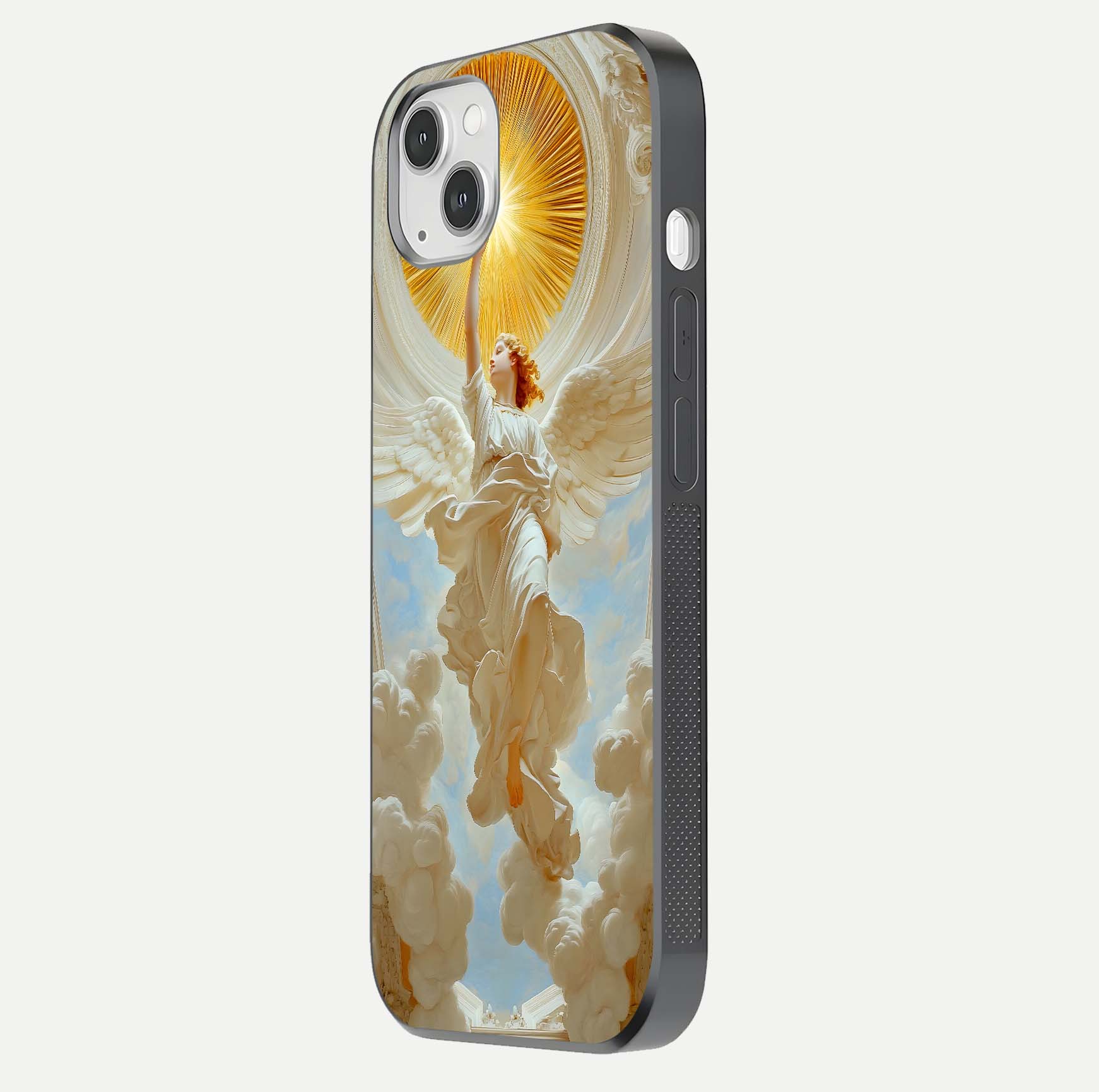 Divine Light Angel Glass Case for iPhone 14 Plus side-angle image capturing reflection shine and edge finish